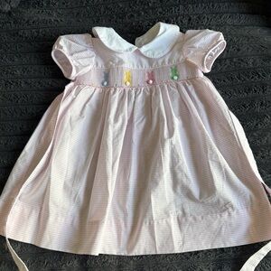 Pink Striped Smocked Bunny Dress with Peter Pan Collar - Kids